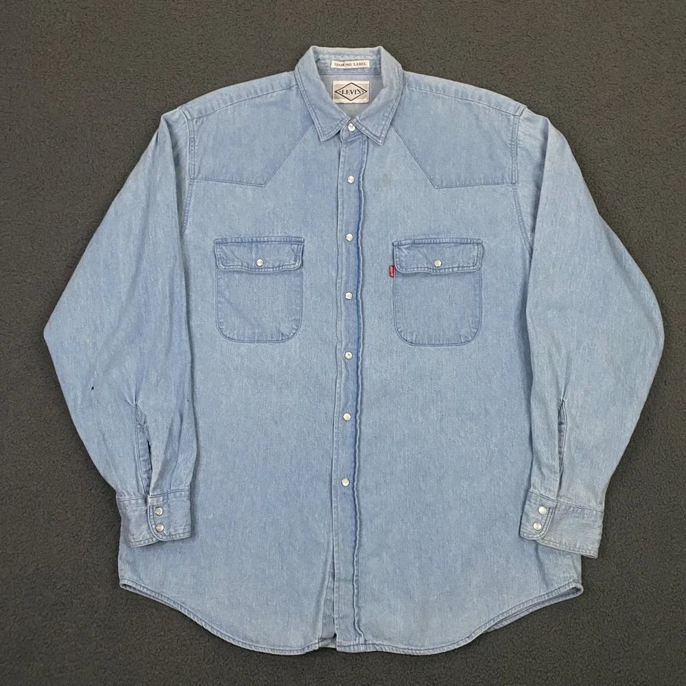 Levis Denim Western Shirt Mens Large Pearl Snap Diamond Label Blue Jean Vintage